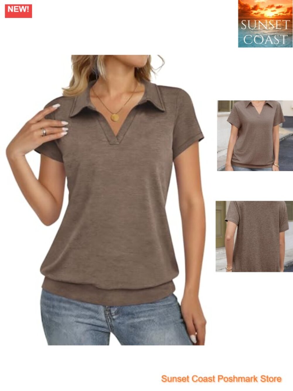 Fisoew Womens Short Sleeve Collared V-Neck Polo Shirt Loose Fit Business Casual